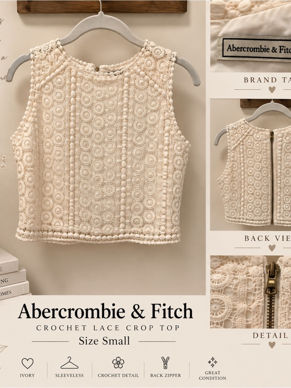 Abercrombie & Fitch Ivory Crochet Lace Crop Top Size Small